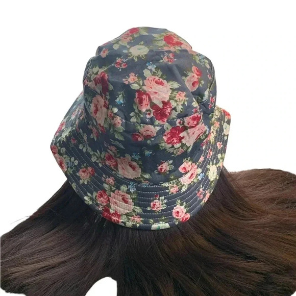 Boutique Handcrafted Flirty Feminine Floral Bucket Hat OSFM Teal with Roses - Picture 3 of 6